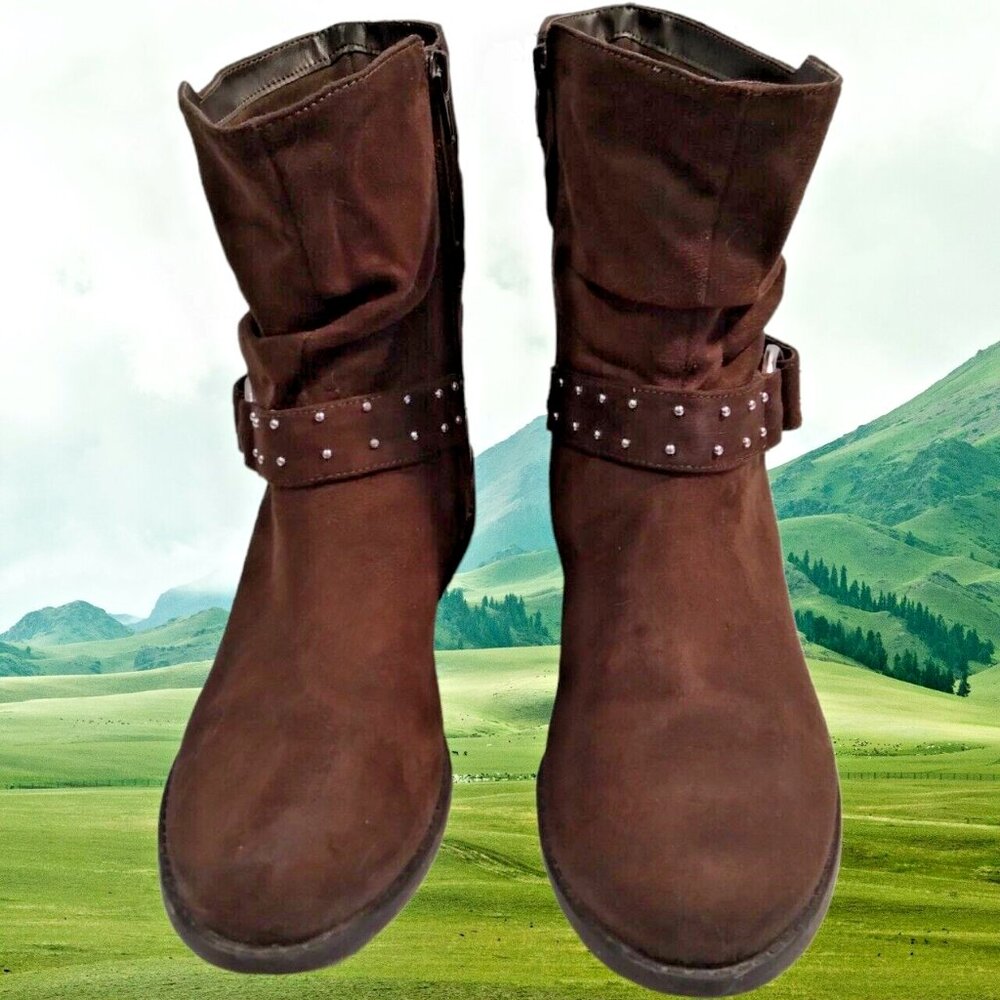 American Eagle Boots Womens Size 7 Ankle Brown Beaded Studs Faux‎ Leather Boots